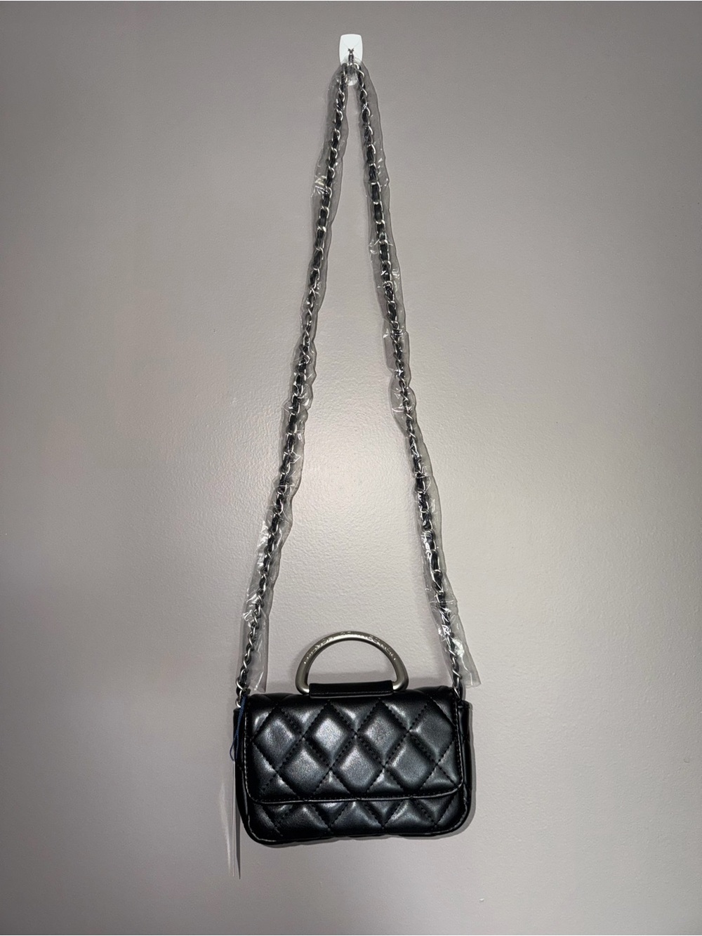 French Connection Black Quilted Crossbody with Silver Chain
